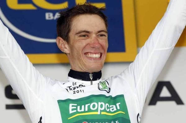 Pierre Rolland on the podium at the Tour de France