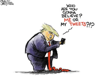 Political cartoon U.S. Trump tweets truth lies