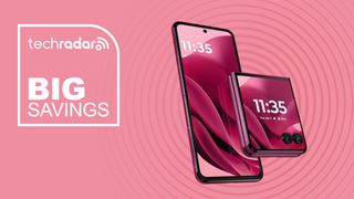 Motorola Razr Ultra 2025 on pink background with big savings text overlay