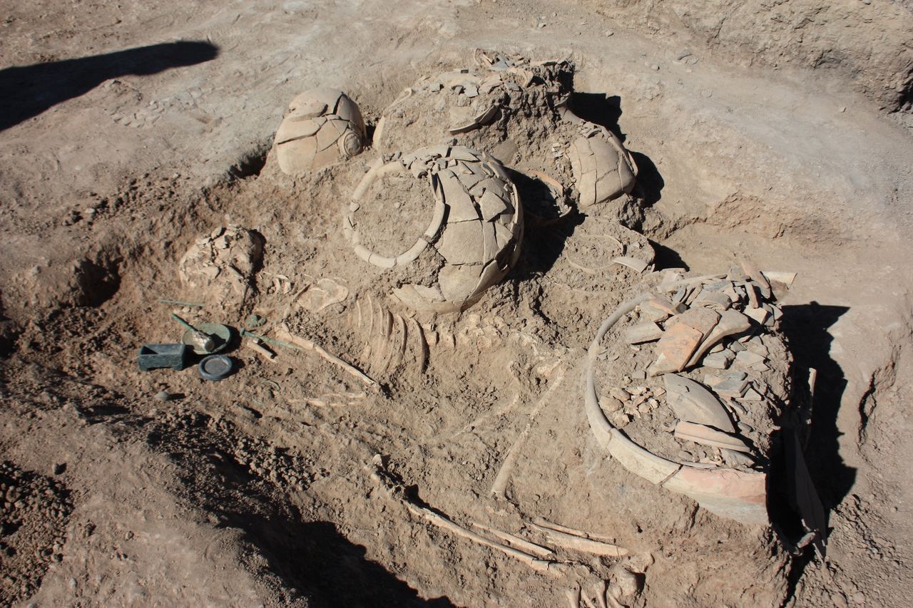 a close-up of excavated goods in a grave