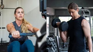 A woman on a rowing machine and a man doing bicep curls with dumbbells