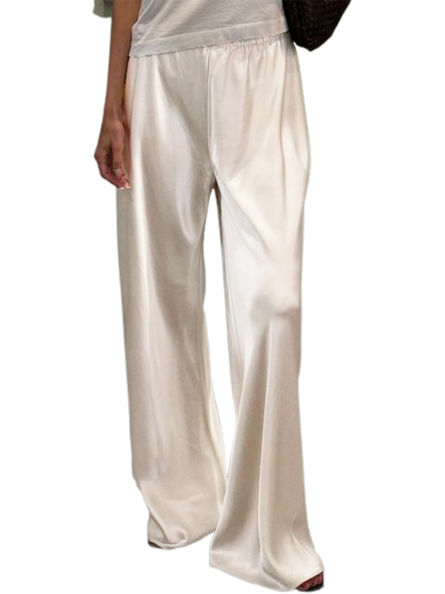 SOLILOQUY, Soliloquy Women Y2k Satin Wide Leg Pants Casual Elastic High Waist Solid Loose Fit Lounge Pants Office Ladies Work Trousers (a White, S)