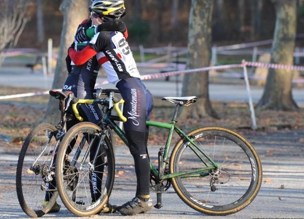 Race winner Mary McConneloug (Kenda-Seven-NoTubes), left, congratulates runner-up Andrea Smith (Minuteman Road Club).