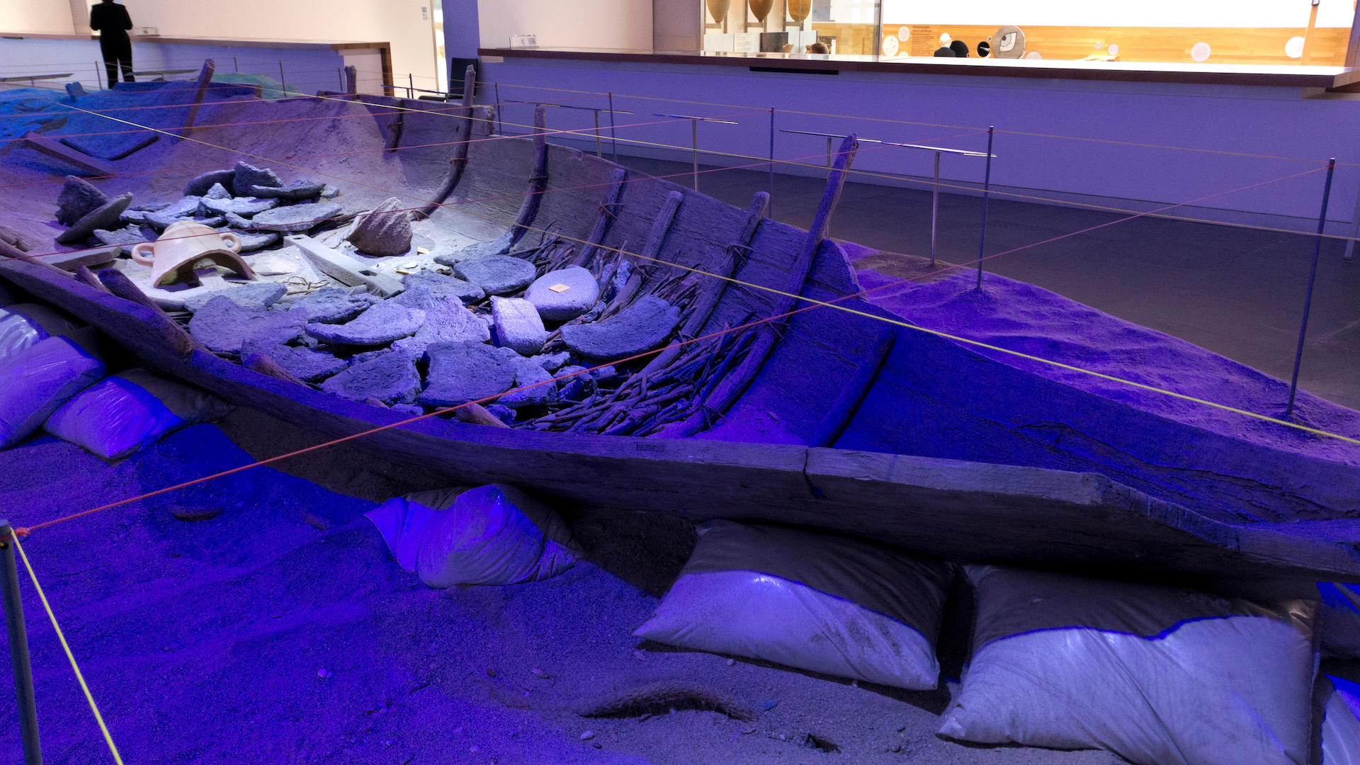 The remains of the mazarron 2 shipwreck in a museum