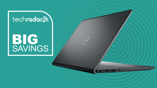 Dell Vostro 15 on a cyan background next to a TechRadar branded badge reading 'Big Savings'