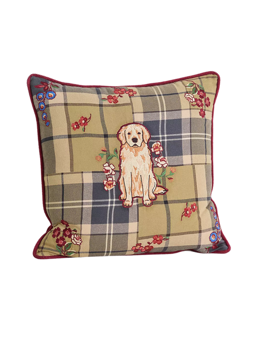 Embroidered Corduroy Tartan Dog Pillow