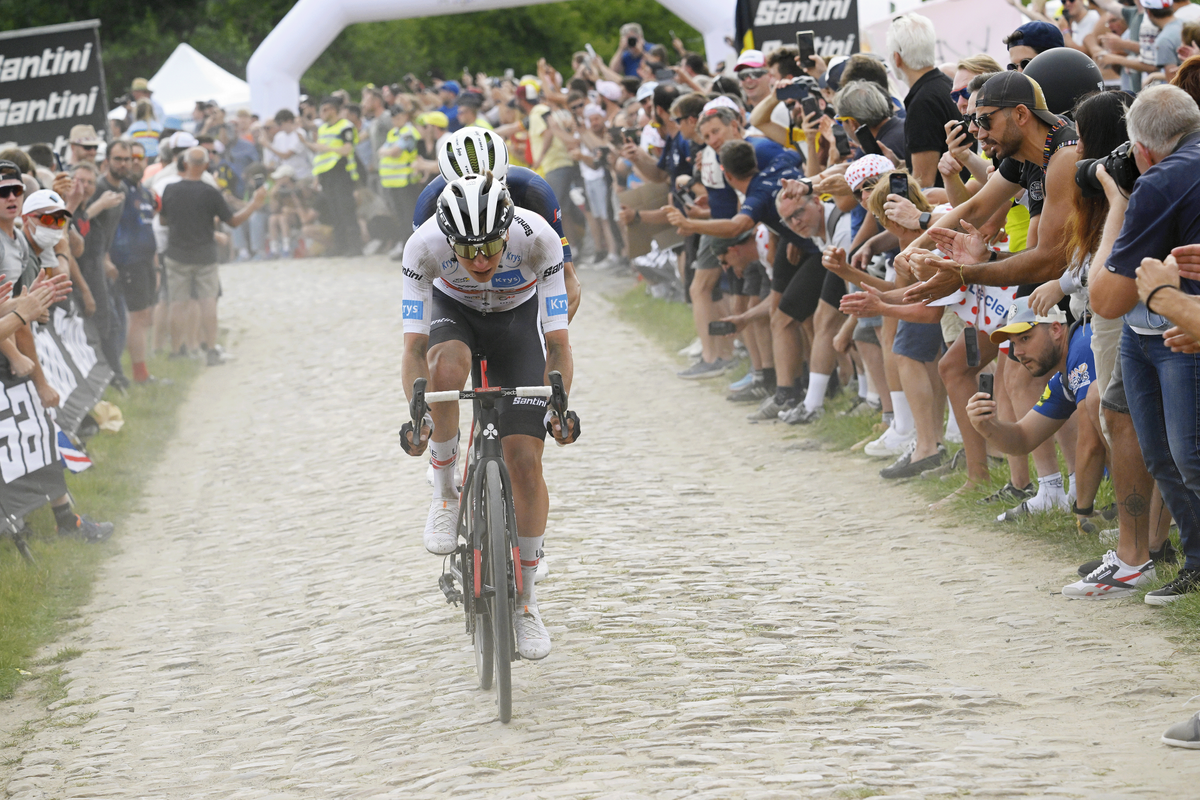 Pogačar impressed during the cobbled stage of the 2022 Tour de France but has never raced Roubaix at senior level