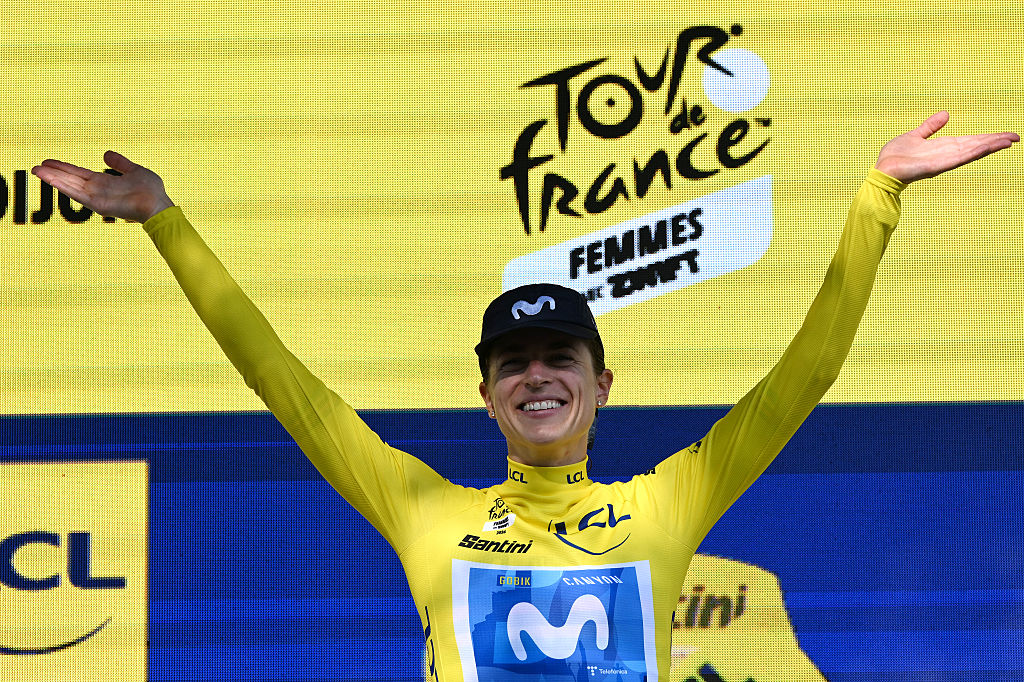 DIJON, FRANCE - AUGUST 04: Marlen Reusser of Switzerland and Team Movistar celebrates at podium as Yellow Leader Jersey winner during the 5th Tour de France Femmes 2026, Stage 4 a 21km individual time trial stage from Gevrey-Chambertin to Dijon / #UCIWWT / on August 04, 2026 in Dijon, France. (Photo by Tim de Waele/Getty Images)