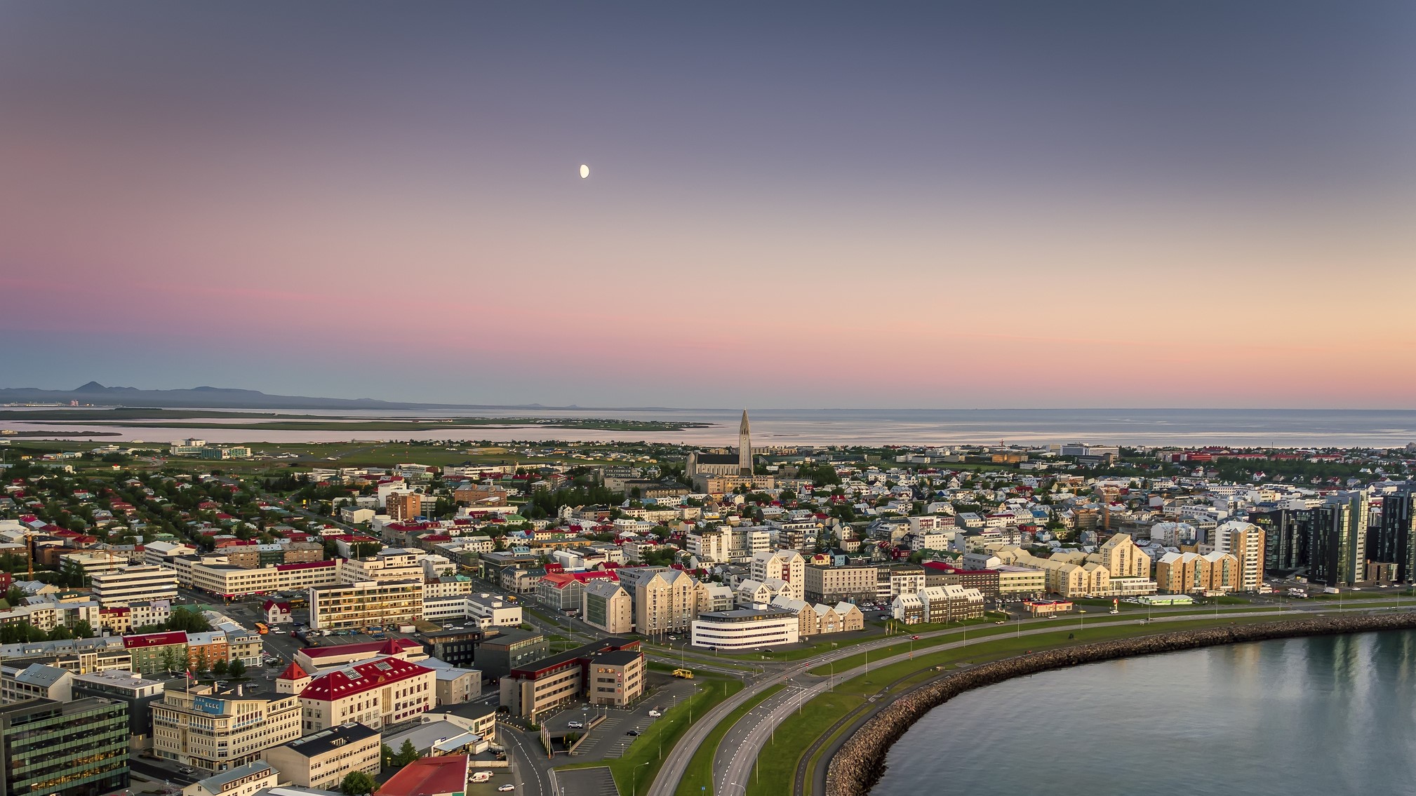 Panoramic view of Reykjavik in the summertime, Midnight sun. This image is shot using a drone.
