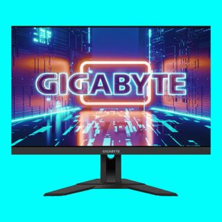 The Gigabyte M28U 4K gaming monitor on a blue background