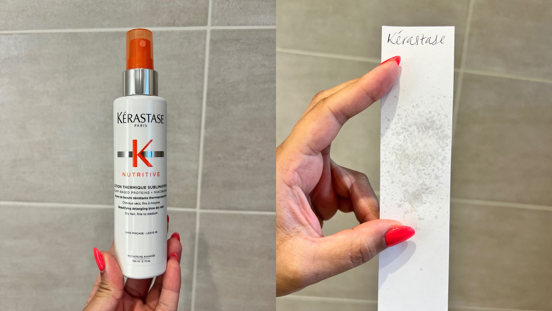 Ke&amp;#769;rastase Nutritive Lotion Thermique Sublimatrice Blow Dry Mist next to a paper strip showing the texture of the formula