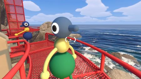 Two characters standing on the Big Walk red bridge
