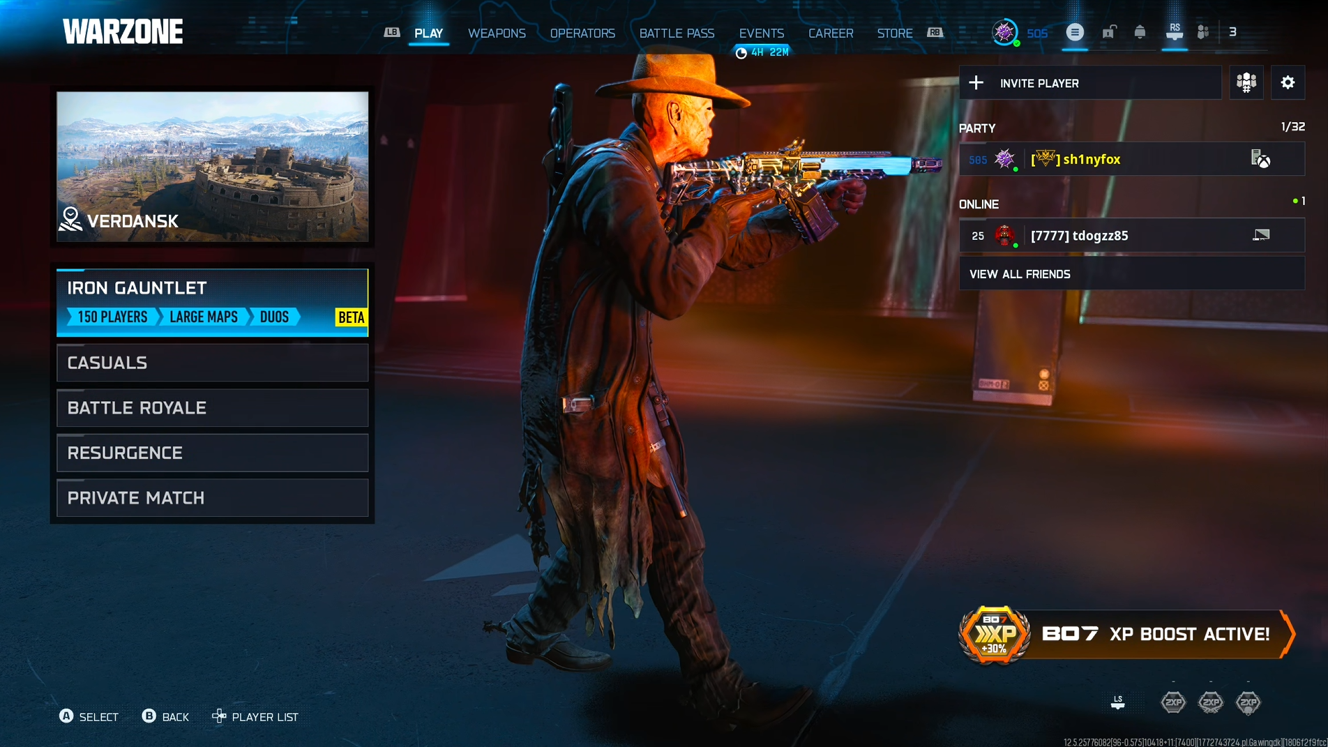 Call of Duty: Warzone lobby with Iron Gauntlet beta.