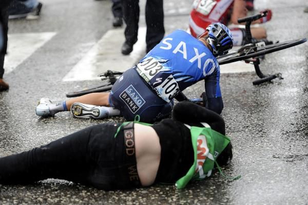 Saxo Bank's Jonathan Cantwell crashed into a photographer