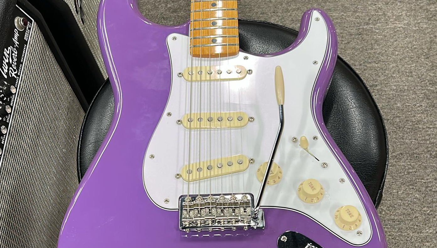 A photo of a Fender Jimi Hendrix Tribute Strat in Ultraviolet from an Instagram post