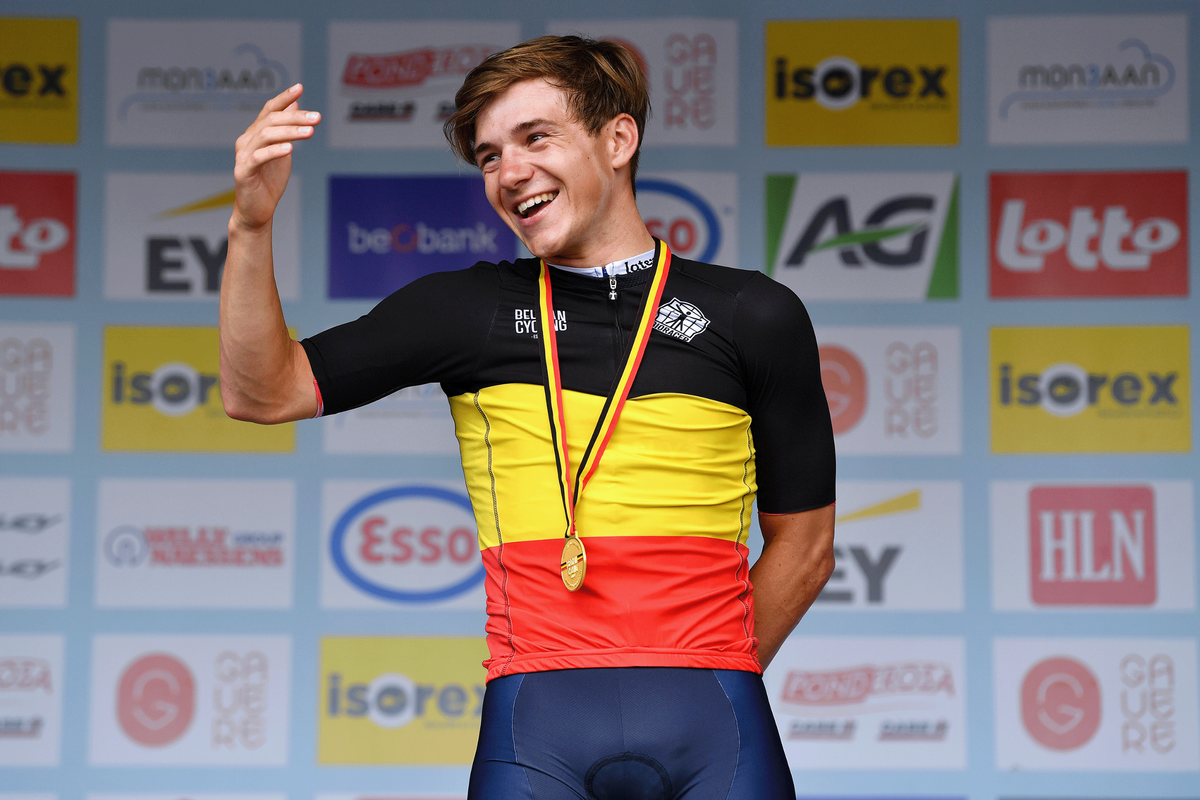 Gold medalist Remco Evenepoel of Belgium poses on the podium during the medal ceremony after the 123rd Belgian Road Championship 2022 - Men's Individual Time Trial a 34,8km individual time trial one day race from Gavere to Gavere / ITT / #BelgianCycling140 / on June 23, 2022 in Gavere, Belgium. (Photo by Luc Claessen/Getty Images)
