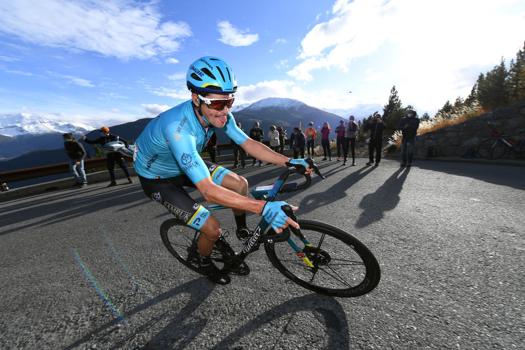 MORE OF CANCANO ITALY 22 OCTOBER Jakob Fuglsang of Denmark and Astana Pro team during the 103rd Giro dItalia 2020 phase 18 a 207 km stage from Pinzolo to Laghi di Cancano National Park Stelvio 1945 girodiitalia Giro on 22 October 2020 in Laghi di Cancano Italy Photo by Tim de WaeleGetty Images