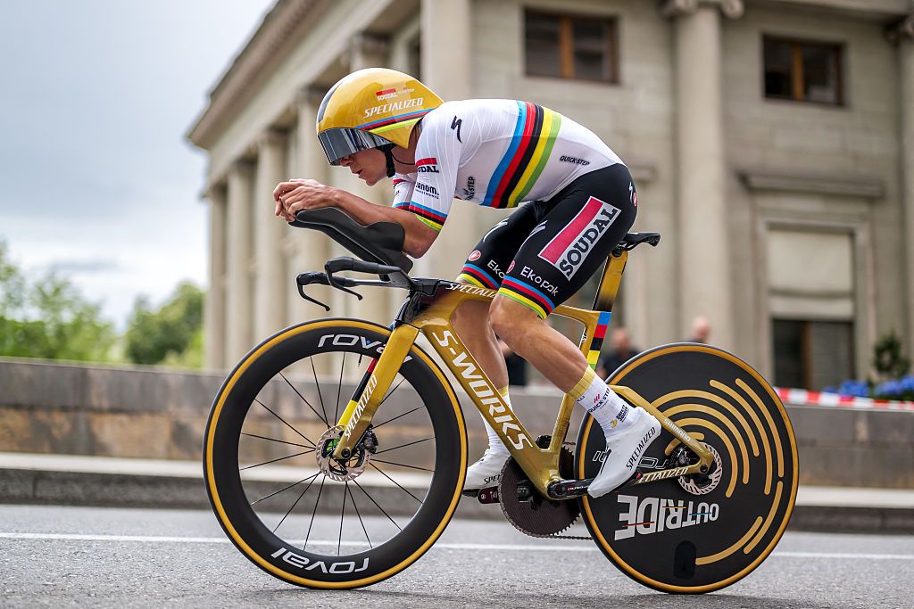 Belgium's Remco Evenepoel rides during the fifth stage of the Tour of Romandie UCI cycling World tour, 17.1 km loop from the start to the finish in Geneva on May 4, 2025. (Photo by Fabrice COFFRINI / AFP)