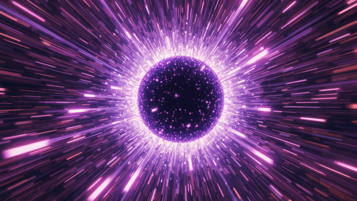 A purple ball surrounded by streaks of light that appear to be shooting outward.
