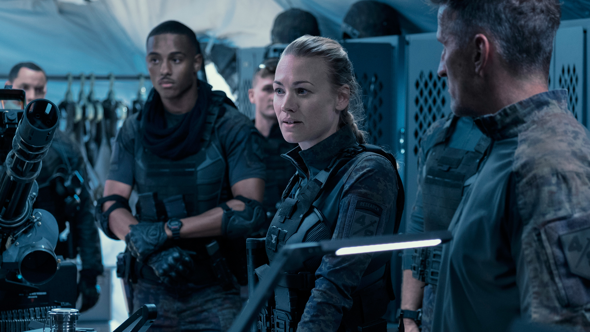 Keith Powers and Yvonne Strahovski in "The Tomorrow War" on Amazon Prime Video.