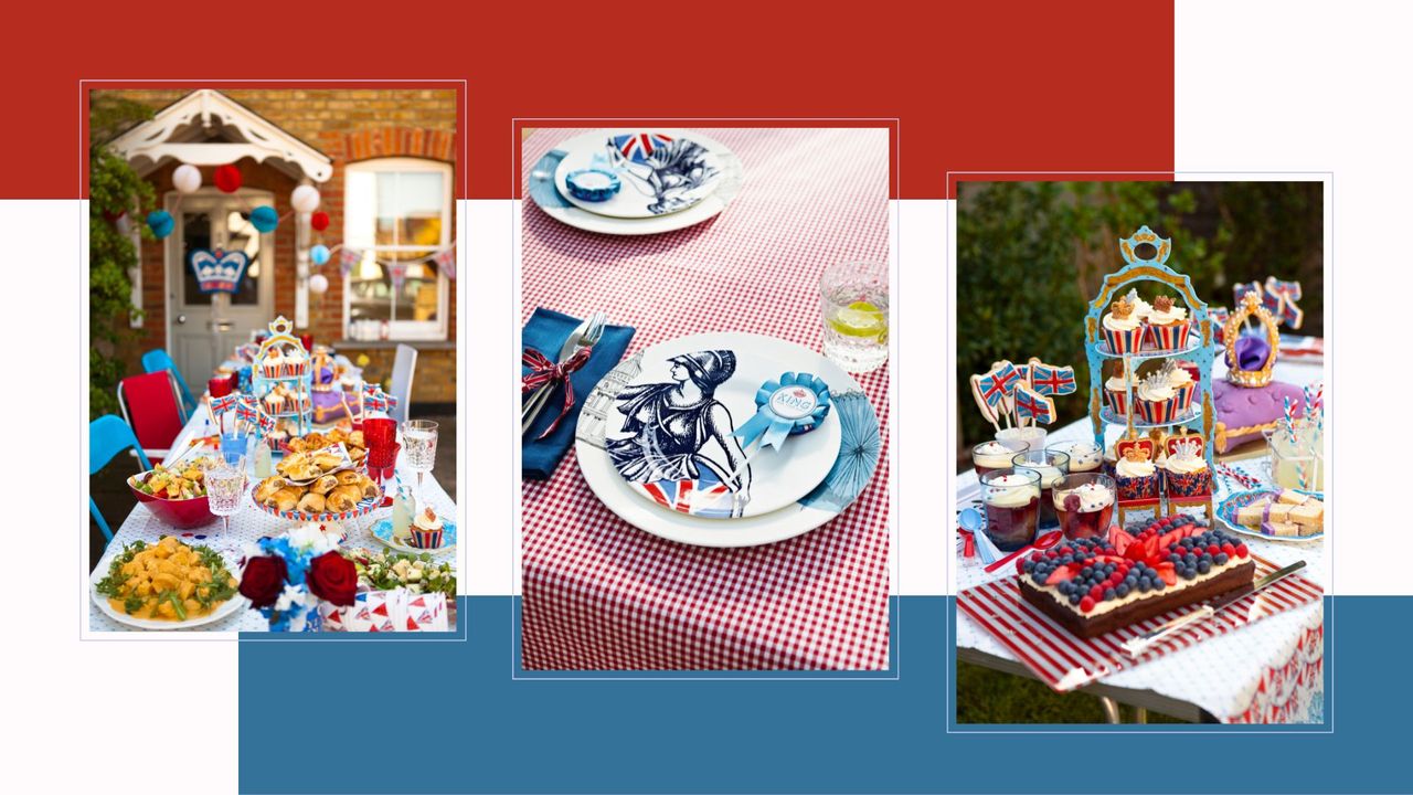 Compilation image of tables dressed with coronation decorations for Kind Charles&#039; coronation parties