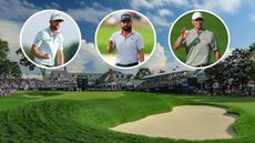 The 18th at Oakmont and insets of Sam Burns, JJ Spaun and Adam Scott