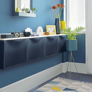 Blue hallway with dark navy wall-mounted storage with modern décor, plants and a floor rug