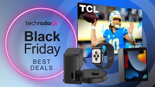 Apple Watch 9, iPad 10.2, TCL S4 and eufy Clean L50 SES robot vacuum on a blue background with text 'TechRadar Black Friday best deals'