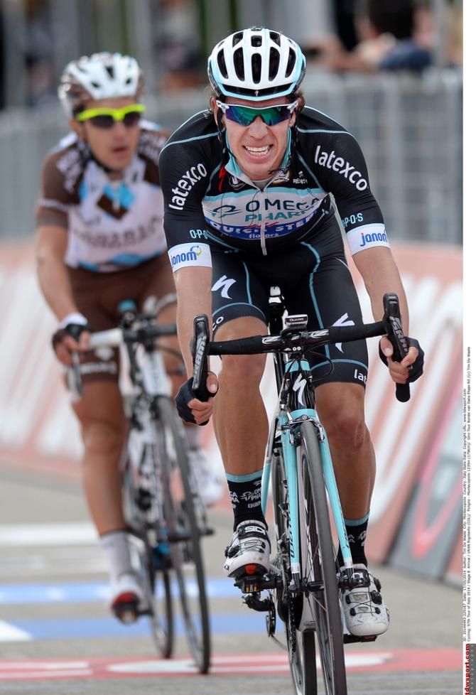 Rigoberto Uran (Omega Pharma-Quick Step) crosses the line