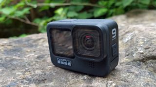 The GoPro Hero9 Black camera on a rock