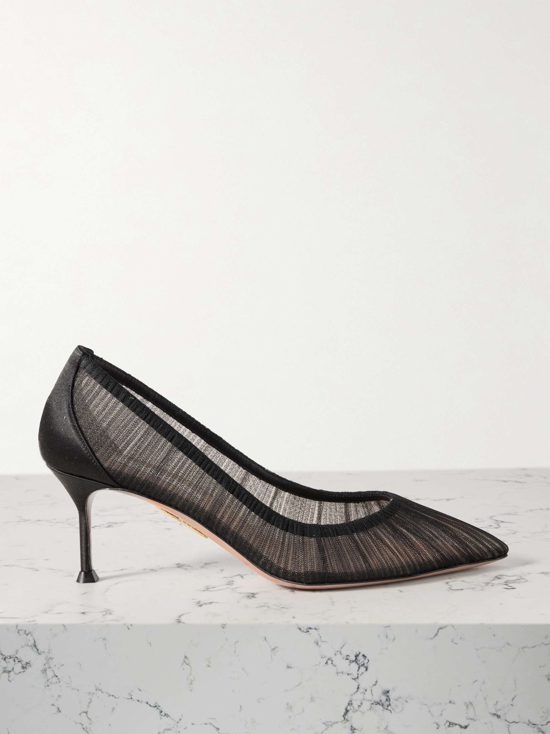 65 Satin-Trimmed Ruched Tulle Point-Toe Pumps
