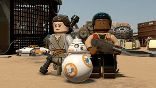 best Lego games: A Lego Rey, Finn and BB8 on the desert planet Jakku