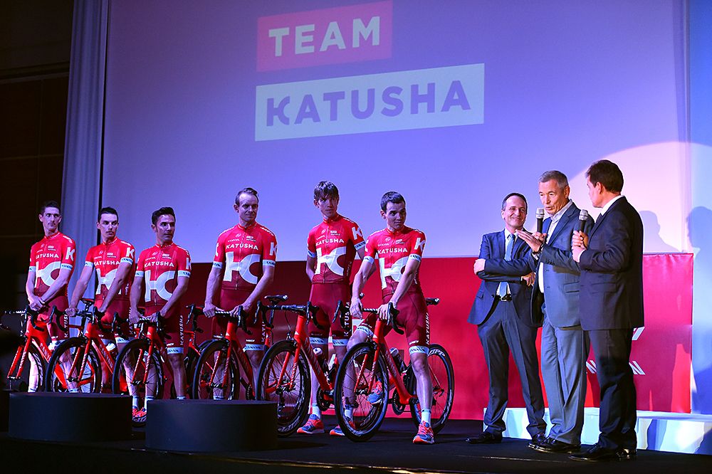 Katusha team presentation for 2016 with owner Igor Makarov and manager Viatcheslav Ekimov