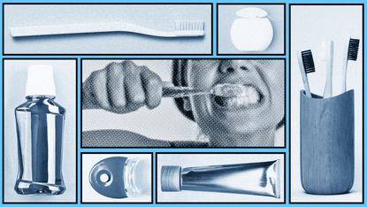 professional teeth whitening collage with toothbrushes