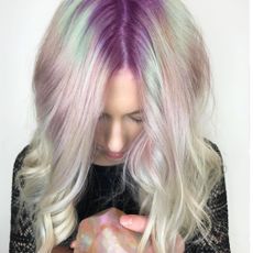 Hair, Blond, Hair coloring, Hairstyle, Pink, Purple, Chin, Wig, Violet, Layered hair, 