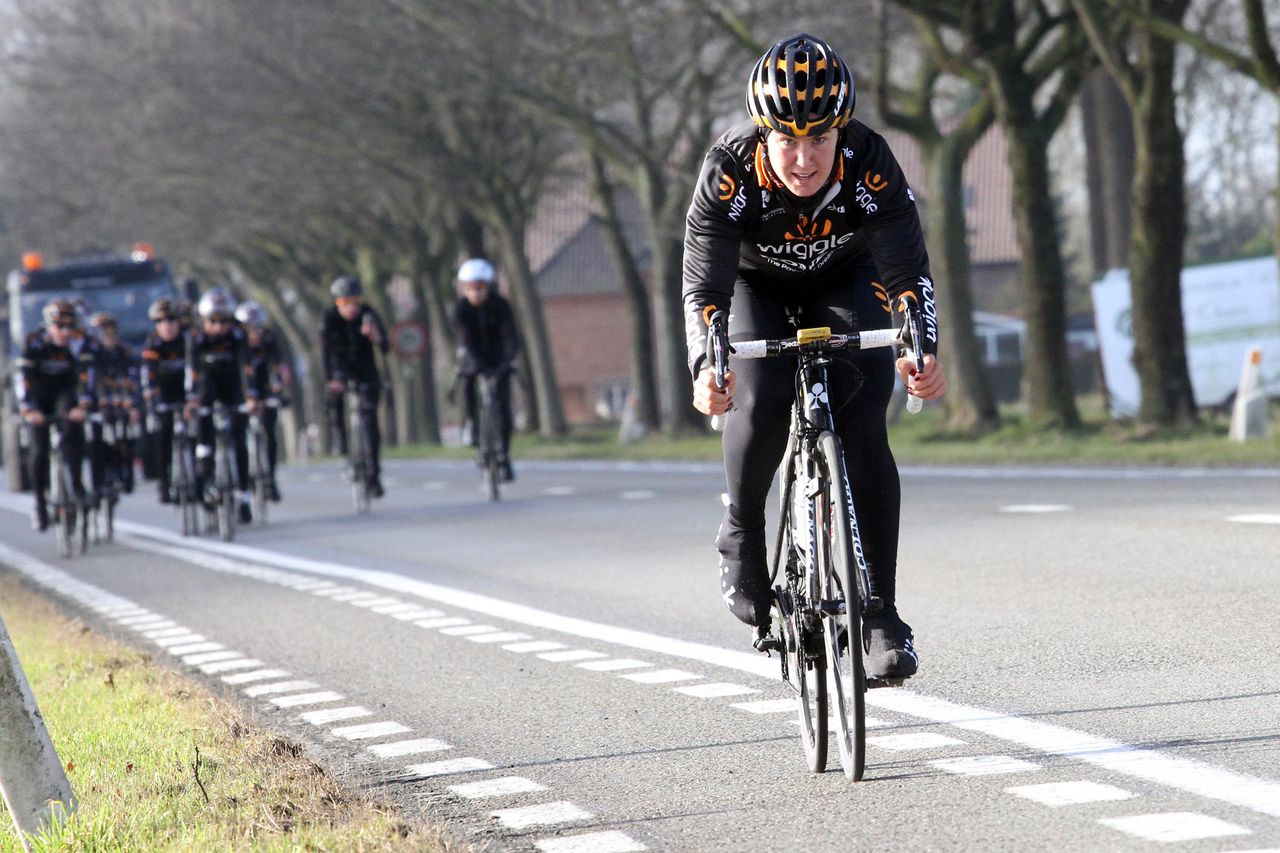 Chloe Hosking tests her legs in cold Belgium