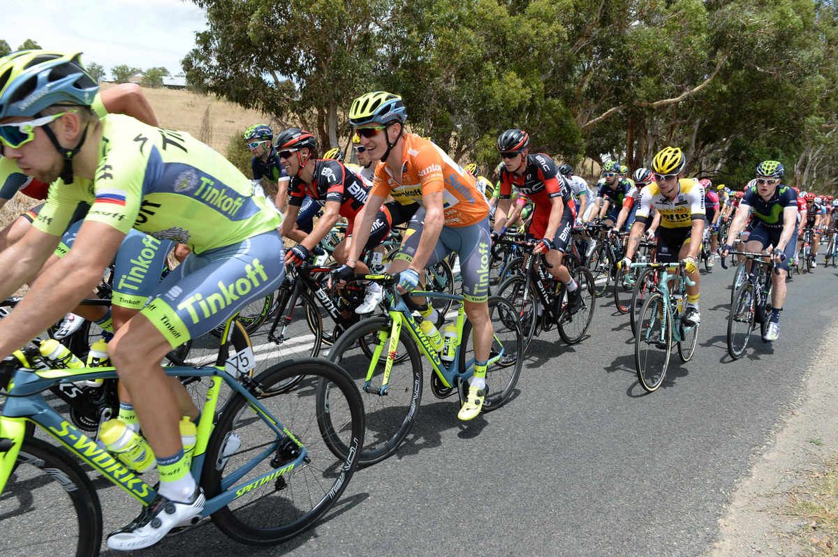 Race leader Jay McCarthy (TInkoff) in the bunch