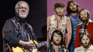 LEFT: Randy Bachman of Bachman-Turner Overdrive performs on stage at The Magnolia on November 05, 2023 in El Cajon, California. RIGHT: The Beach Boys in 1976. (clockwise from left) Mike Love, Dennis Wilson, Al Jardine, Carl Wilson, Brian Wilson 