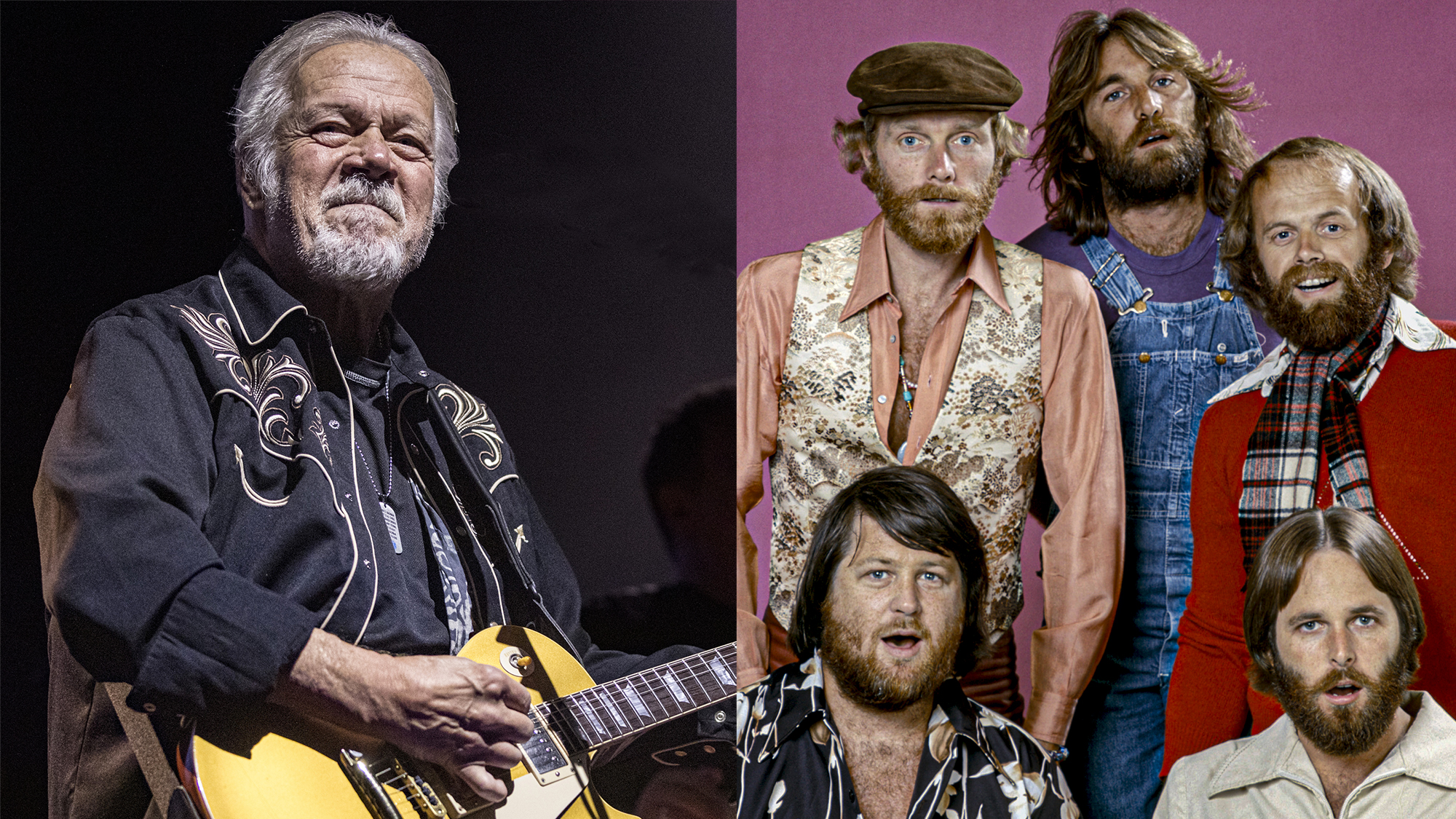 LEFT: Randy Bachman of Bachman-Turner Overdrive performs on stage at The Magnolia on November 05, 2023 in El Cajon, California. RIGHT: The Beach Boys in 1976. (clockwise from left) Mike Love, Dennis Wilson, Al Jardine, Carl Wilson, Brian Wilson 