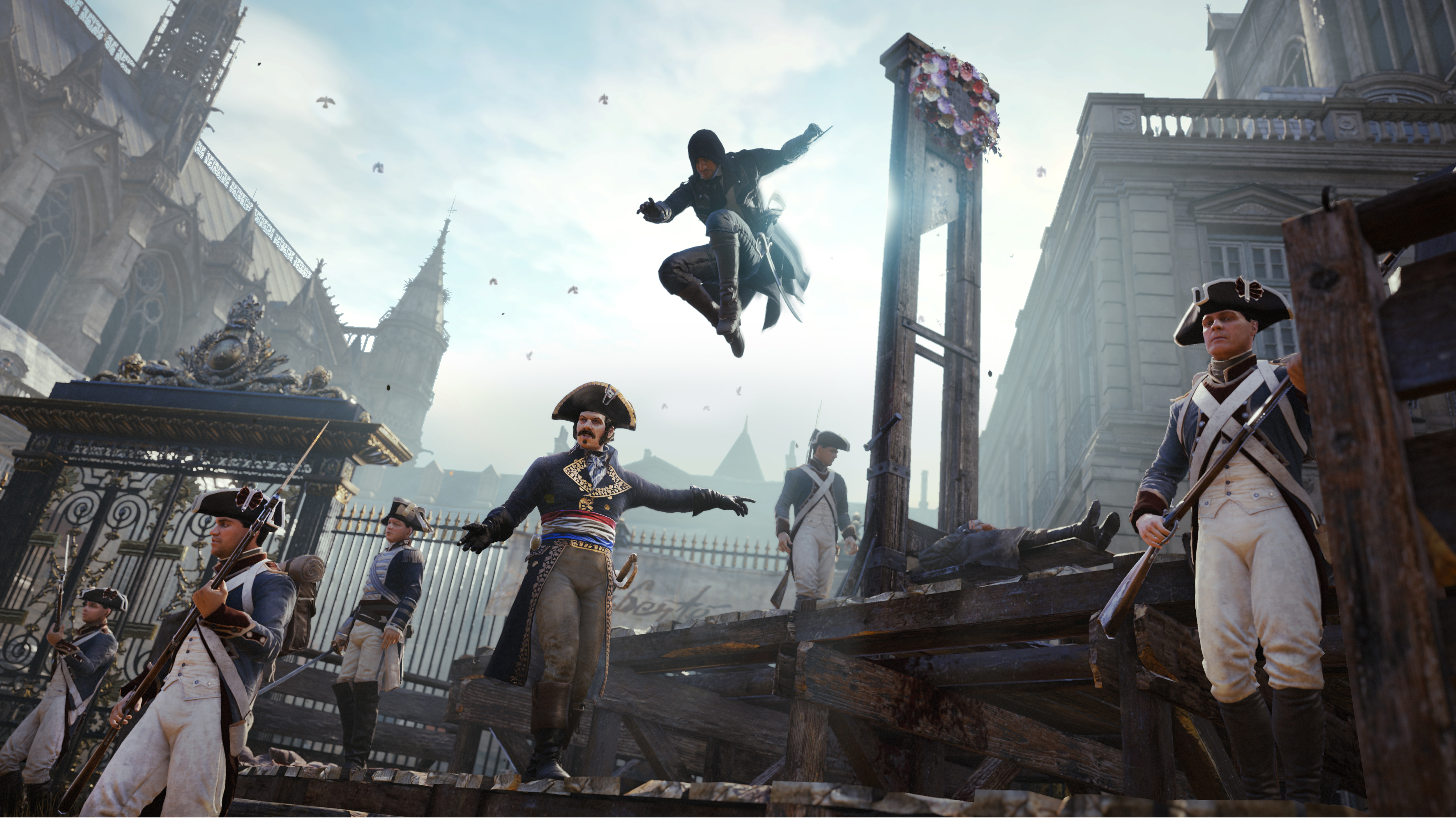 best Assassin's Creed games: an Assassin is jumping down onto a group of soldiers surrounding a guilltoine