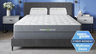 GhostBed Luxe mattress on a bed frame in a bedroom 