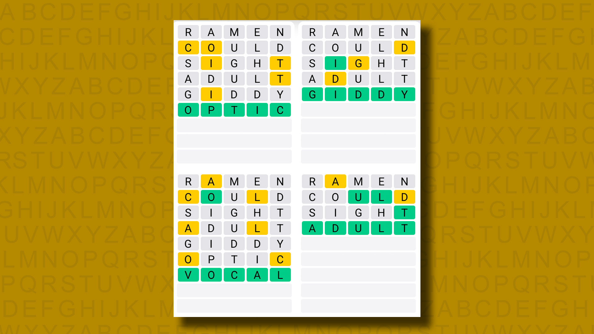 Quordle answers for game 1275 on a yellow background