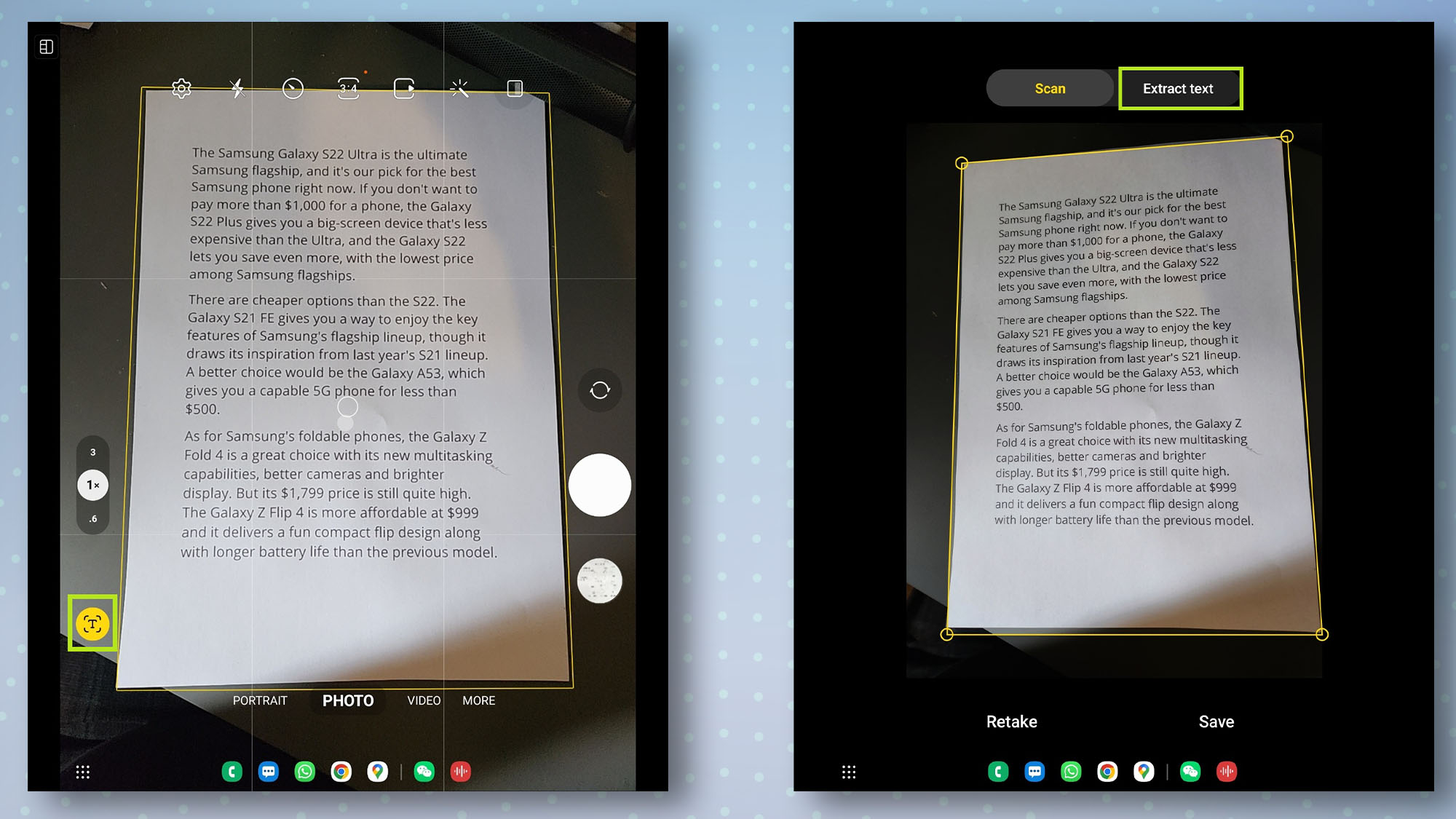 Приложение сканирования Samsung с видимым документом и вкладкой извлечения текста