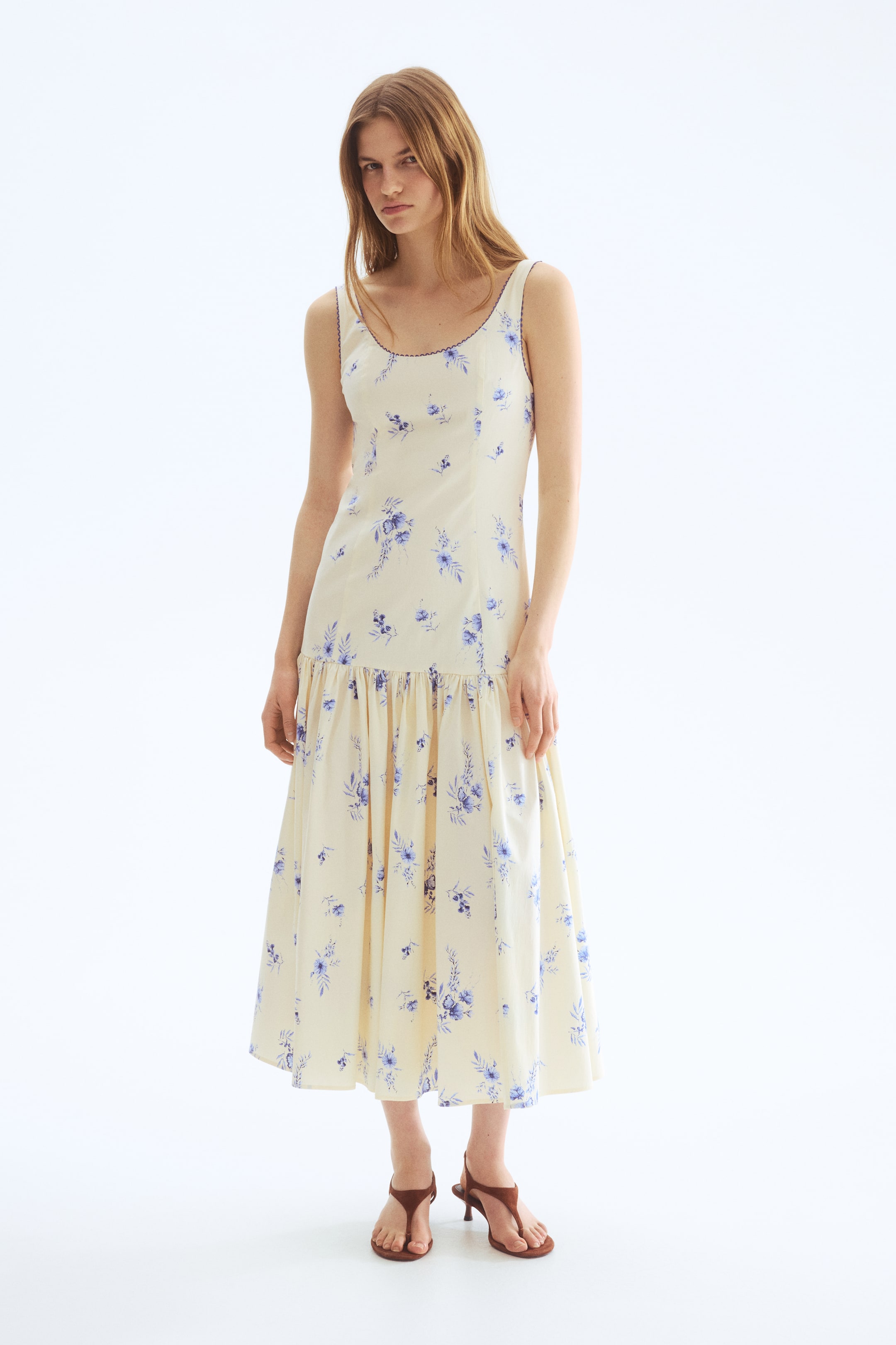 Long Cotton Dress - Cream/blue Floral