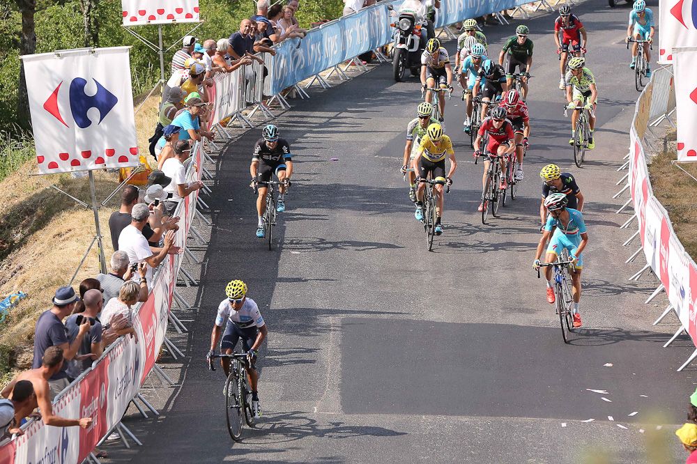 The top GC contenders make their way to the finish during stage 14.