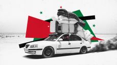 Photo composite illustration of a Syrian refugee returning home in a car piled high with belongings