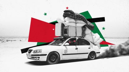 Photo composite illustration of a Syrian refugee returning home in a car piled high with belongings