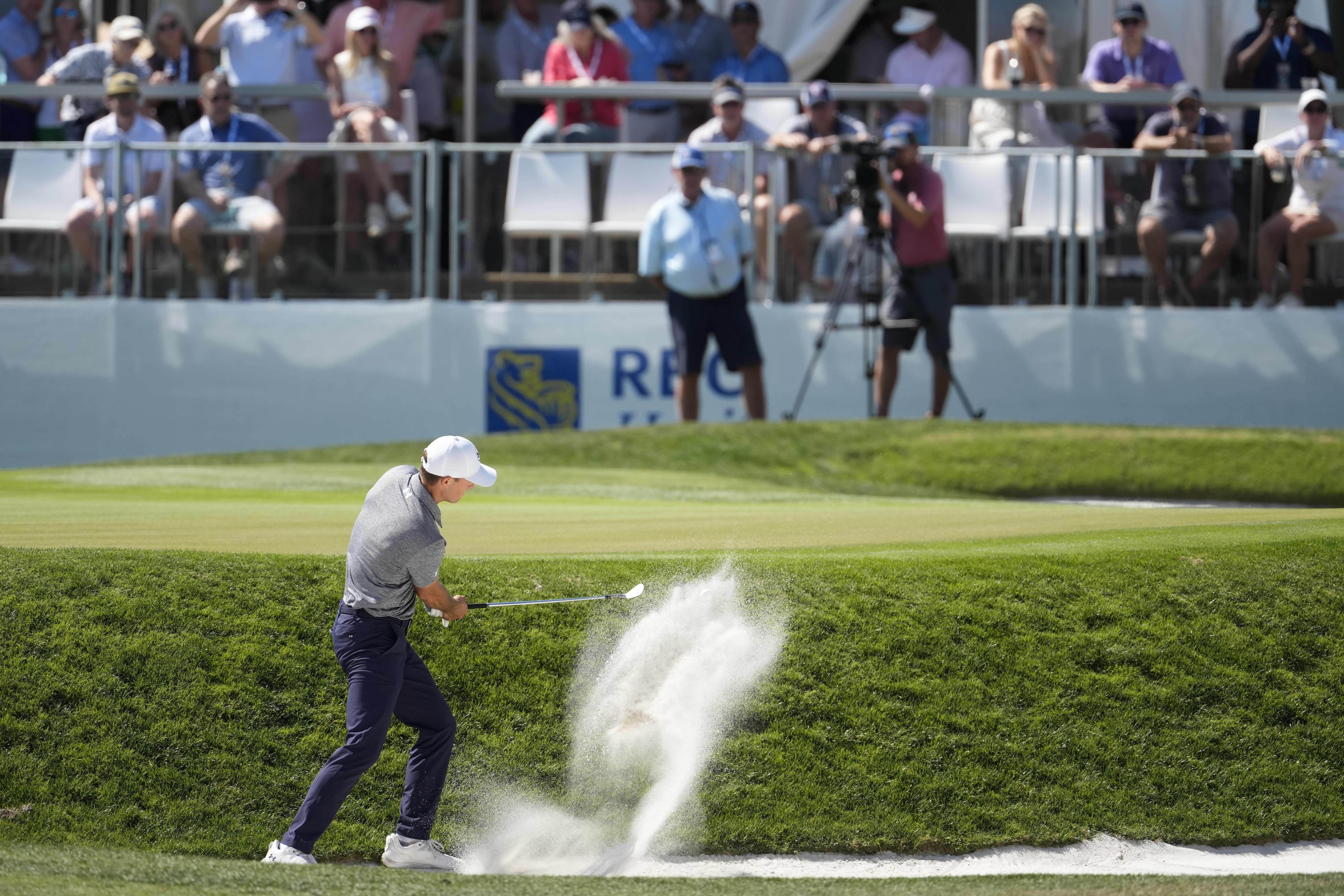Jordan Spieth hits from the bunker at the ninth green during the second round of RBC Heritage at Harbour Town Golf Links