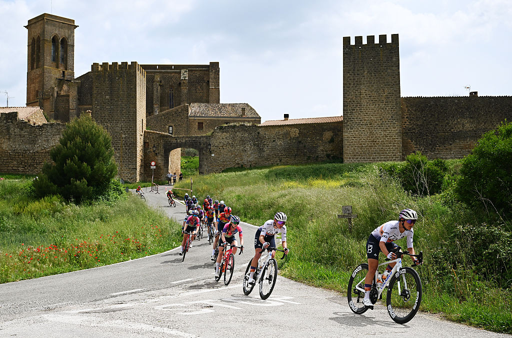 PAMPLONA SPAIN MAY 14 LR Paula Blasi of Spain and Erica Magnaldi of Italy and UAE Team ADQ compete during the 5th Navarra Womens Elite Classics 2025 a 1344km one day race from Pamplona to Pamplona on May 14 2025 in Pamplona Spain Photo by Szymon GruchalskiGetty Images