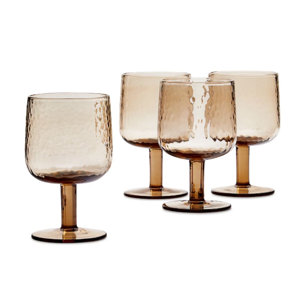 Set of four amber hammered wine glasses